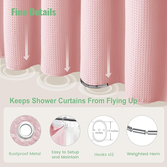 Dynamene Pink Shower Curtain and Liner Set, Waffle Weave Fabric, Waterproof Clear Liner, 256GSM Heavy Duty Weighted Hotel Luxury Cloth Shower Curtains for Bathroom with 12 Plastic Hooks, 72Wx72H