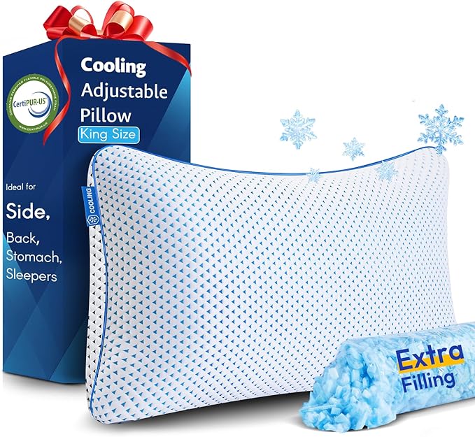 Cooling Pillows King Size 1 Pack for Sleeping, Adjustable Shredded Gel Memory Foam Cool Pillows for Side, Back, Hot Sleeper, Medium Firm for Neck Pain Relief, Washable Removable Cover, CertiPUR-US