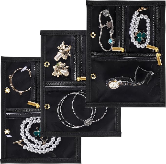 Leather Travel Jewelry Case Organizer,Jewelry Storage Book Binder with Clear Zipper Pouch & Lining-Portable Jewelry Bag for Earrings,Rings,Necklaces,Bracelets (3 PCS Black- Inner Pages)