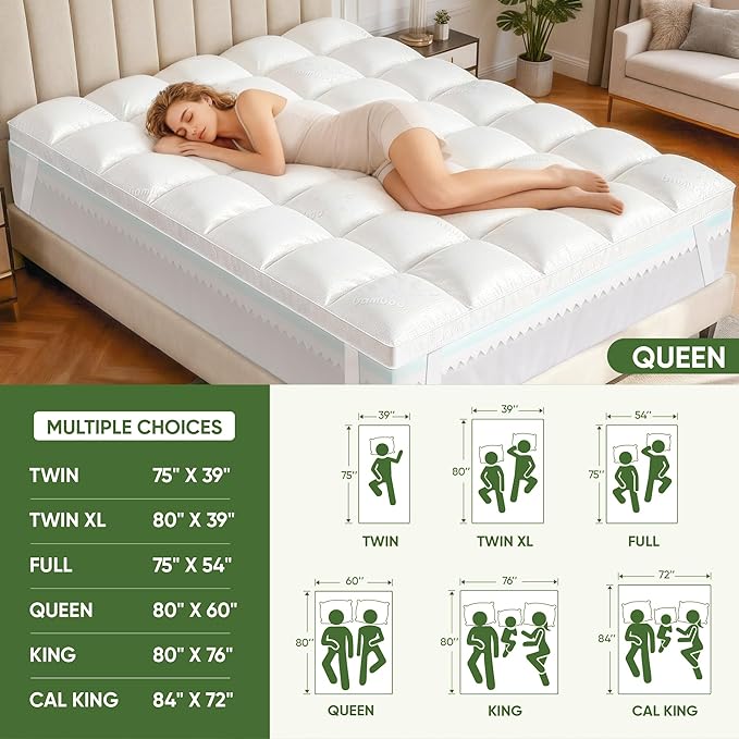 5 Inch Full Size Mattress Topper,Memory Foam Mattress Toppers -2.5" Cooling Gel Foam Mattress Pad+2.5" 1500GSM Thick Bamboo Pillow Top with 2X Soft and Supportive for Back Pain Relief,75 * 54 * 5in