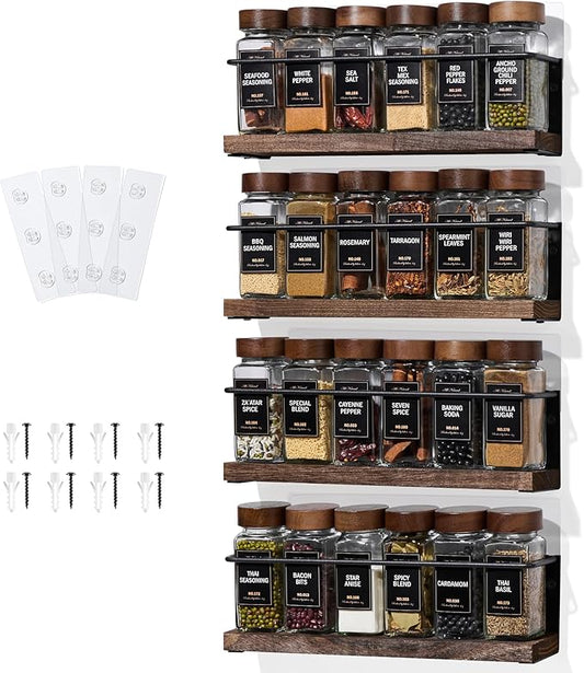 4-Tier Wall Mount Spice Rack Organizer- Screw/Adhesive Mount, Black Metal & Wood Spice Storage for Kitchen Pantry Cabinet, 11.6”L x 2.4”W x 3.2”H, Spice Jars Not Included