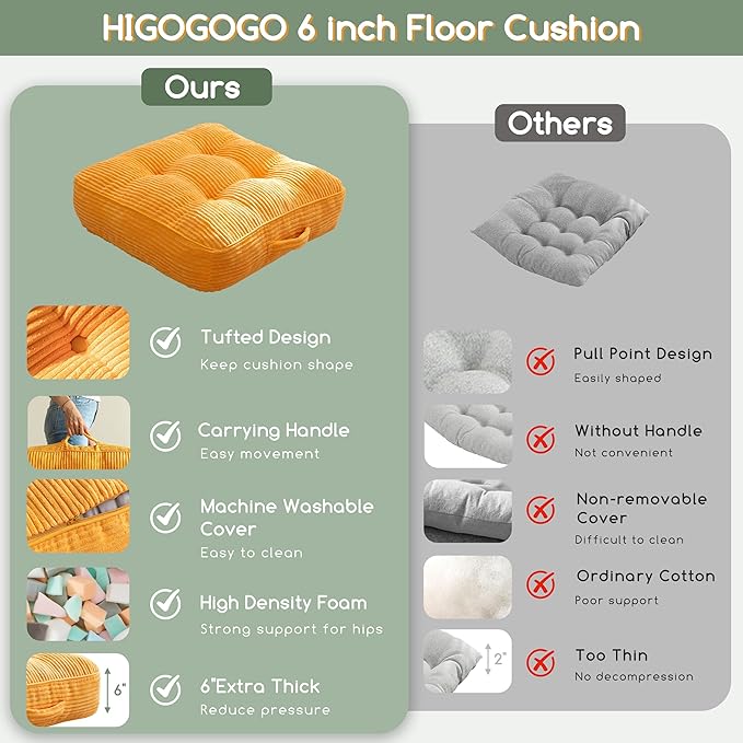 HIGOGOGO 6" Extra Thick Floor Pillow Cushion for Adults, Meditation Cushion Pillow, Large Square Floor Sitting, Tufted Corduroy Cover, for Tatami Living Room or Yoga, 22x22 Inch, 2Pack, Orange