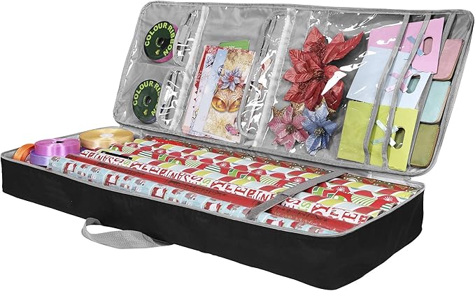 Primode Christmas Gift Wrap Organizer | Wrapping Paper Storage Container Box (37” x 14” x 4”) Constructed of Durable 600D Oxford Material (Black)