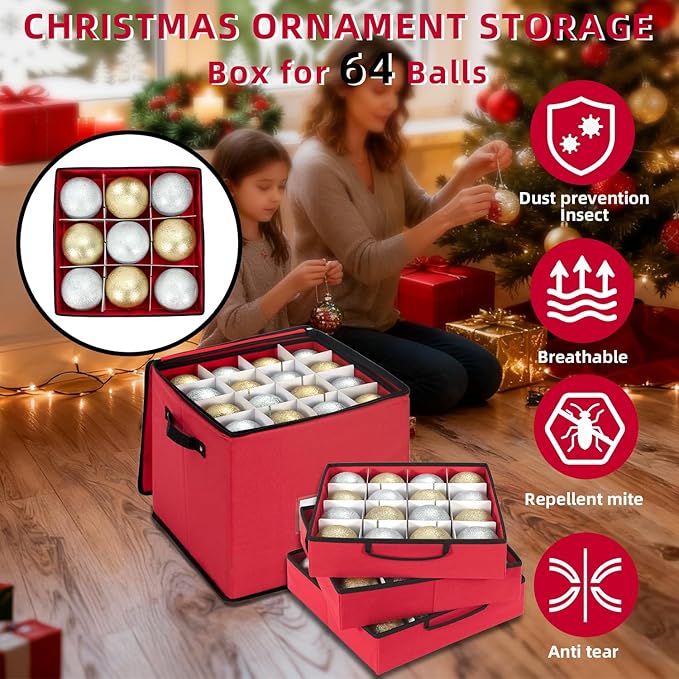 DIMESHY Christmas Ornament Storage Box With Adjustable Dividers,Ornament Storage Container With 4 Removable Trays for 64 Holiday Decorations,Red