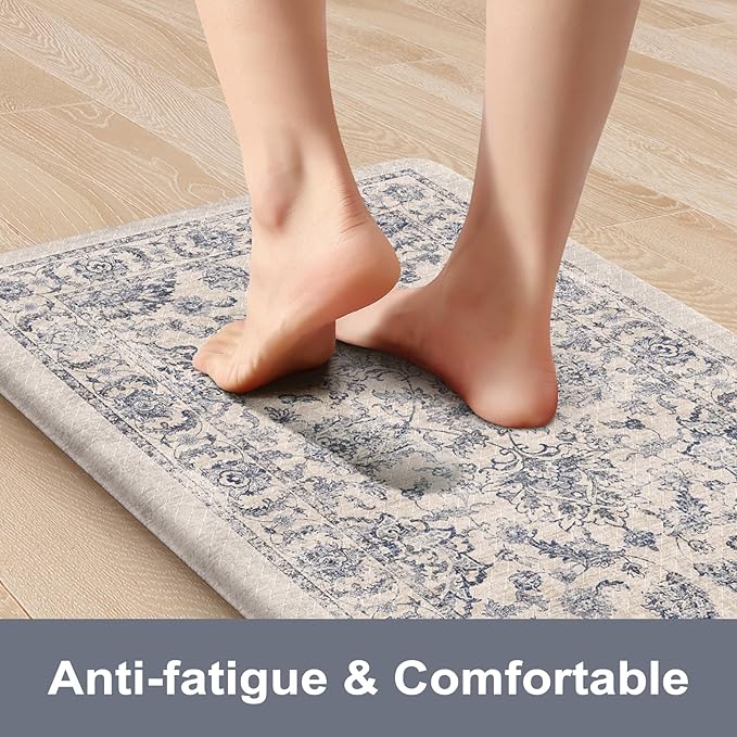 KIMODE Anti Fatigue Kitchen Mats, Floral Distressed Kitchen Rugs Sets of 2, Cushioned Non Skid Kitchen Mats for Floor, Comfort Kitchen Floor Mats for Sink, Laundry, Desk Blue Multi 17"x59"+17"x29"
