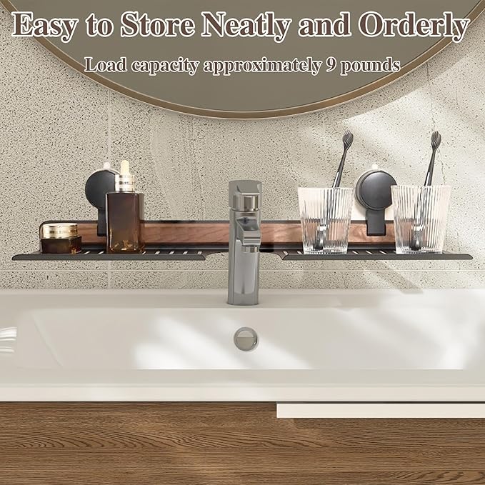 Walnut Bathroom Sink Shelf Over Faucet,2025 New No-Drill Shower Caddy Suction Cup with Strong Adhesion,Stable Over Sink Shower Rack for Easy Drainage,Wall Shelf for Bathroom,Kitchen (19.7IN/50CM)