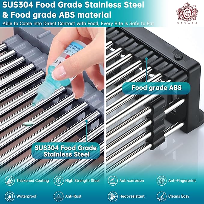 Sink Dish Drying Rack, Stainless Steel Drainer for 10.7"-17" Sinks, Kitchen Countertop Organizer for Dishes, Vegetables, and Fruits (Grey & Small)