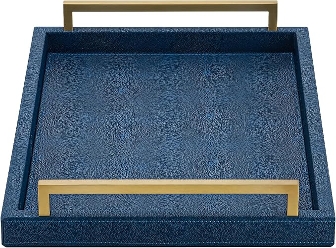 XIGEXIGE Navy Blue Decorative Serving Tray, Shagreen Leather Coffee Table Tray, Rectangle for Home Decor