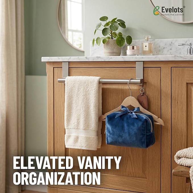 Evelots Towel Hook, Bar Over Cabinet Door - Kitchen, Bathroom - 2 Pack- Hand, Dish Towel Rack Holder - Inside or Outside Door - Brushed Stainless Steel - No Rust - No Scratch - No Installation