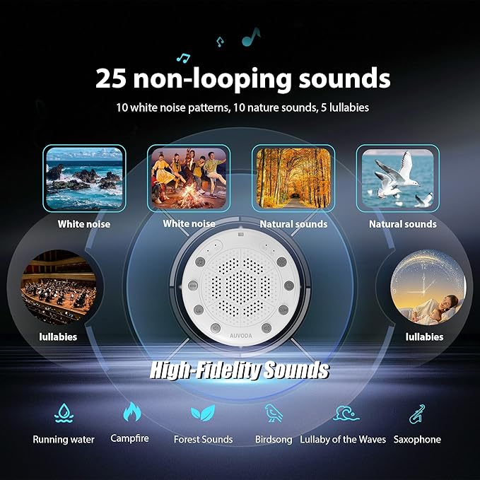 S318 White Noise Machine, Portable Sound Machine for Sleep with Bluetooth, 25 Non-Looping Sounds, 11-Color Night Light, Memory & Timer, USB-C Powered, for Baby Kids Adults Home Office Travel