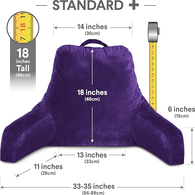 Husband Pillow Reading Pillow with Arms - Standard Backrest for Sitting Up in Bed - Firm Support Bed Rest Pillow for Adults, Neck Roll, Removable Cover -TV, Reading, Lounging - Purple