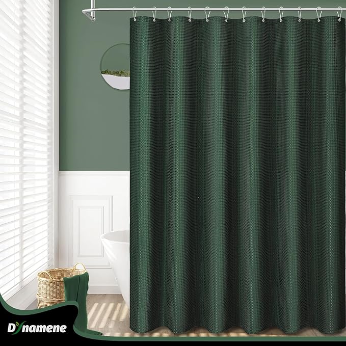 Dynamene Long Fabric Shower Curtain - 78 inch Long Waffle Weave Weighted Cloth Shower Curtains for Bathroom, Neutral Heavy Duty Hotel Spa Luxury Bath Curtain Set with 12 Hooks, 72x78, Dark Green