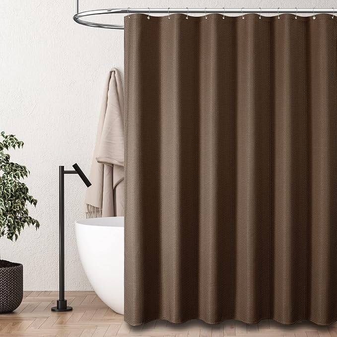 Dynamene Stall Fabric Shower Curtain - 36x72 Waffle Weave Weighted Cloth Shower Curtains for Bathroom, Neutral Heavy Duty Hotel Spa Luxury Bath Curtain Set with 6 Plastic Hooks, Brown