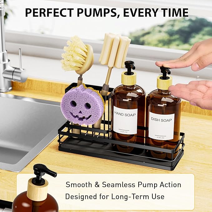 Moforoco Kitchen Dish Soap Dispenser Set, 16OZ Glass Bottle, Hand and Dish Soap Dispenser Set, Instant Dry Tray, Brush Holder with Smiley Face Sponge Holder (Black Tray &Amber Bottle&Labels)