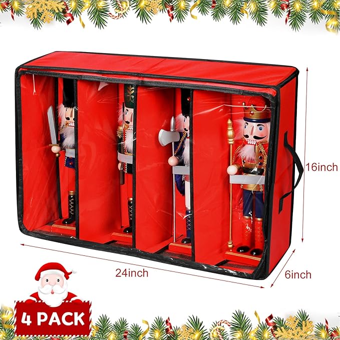 Preboun 4 Pack Clear Top Christmas Nutcracker Storage Box Christmas Figurine Storage Box Containers Ornament Storage Box Storage Container Each Holds 4 Figurines up to 16 Inches (Red,Bottle Green)