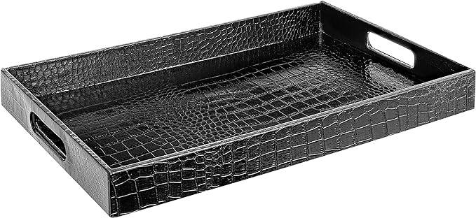 Black Leather Serving Tray with Handles, Glossy Faux Crocodile Print, 17.5x12 Food Drinks Tray for Coffee Table, Breakfast, Dinner & Bar, Decorative Storage Tray for Ottoman, Kitchen, Bedroom, Gift.