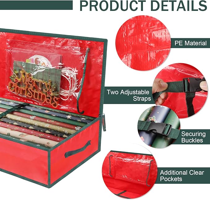 Christmas Gift Wrapping Paper Organizer Storage Bags,Plastic Container for Holiday Supplies & Accessories, Gift Bag Organizer, Under Bed Wrapping Paper Storage (Red)