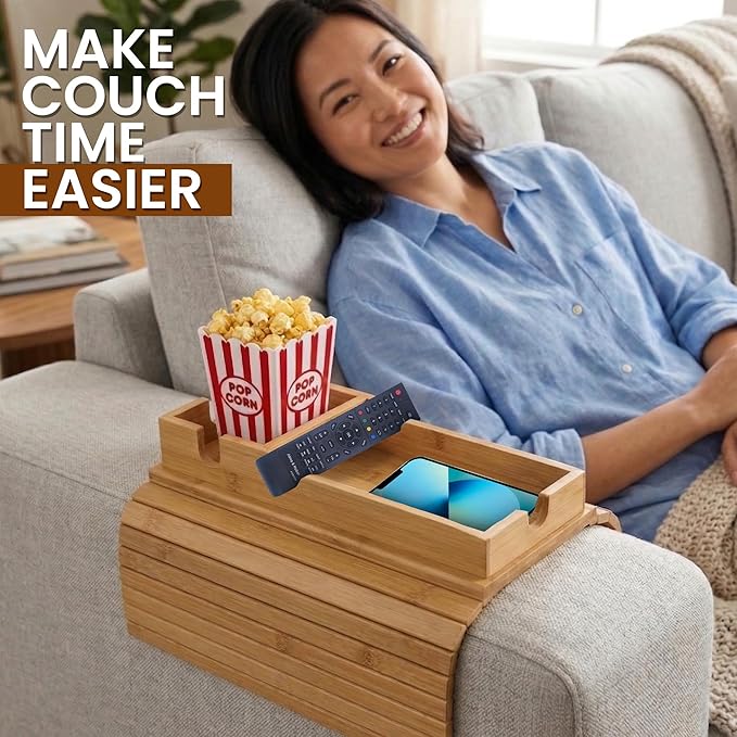 Couch arm tray 3-in-1 Bamboo Sofa Armrest Table, Adjustable 4.5"-14" Non-Slip Couch Cup Holder Tray Table, Foldable Armchair Tray for Drinks, Snacks, Phone & Remote, Space Saving Sofa Tray