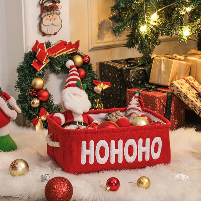 INough Empty Christmas Gift Basket, Red Small Storage Basket with Handle, Holiday Basket for Toys, Baby Items, Treats and Home Christmas Decorations, Perfect for Gift Giving and Display