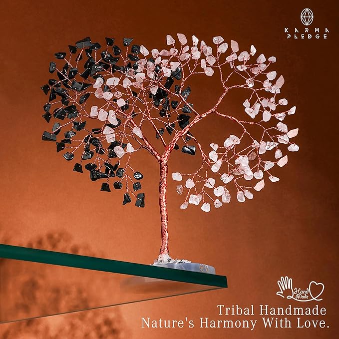 Handmade Healing Crystal Tree of Life Black Obsidian & Rose Quartz Chakra Tree for Money, Good Luck, Feng Shui Home Decor, Living Room Office Deocration, Unique Birthday Gifts for Women, Men, Mom