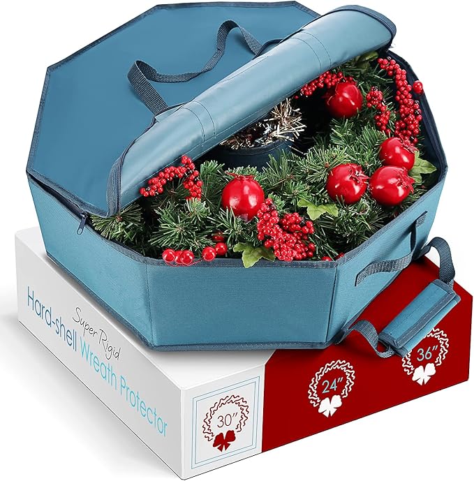Hearth & Harbor Wreath Storage Container - Hard Shell Christmas Wreath Storage Bag with Interior Pockets, Dual Zipper and Handles - 30"