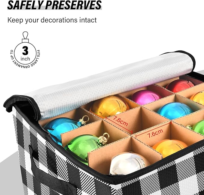 Christmas Ornament Storage Basket Box Buffalo Plaid Black White Winter Holiday Storage Container Cube with Adjustable Dividers for 64 Holiday Ornaments or Decorations Keeps Clean and Dry