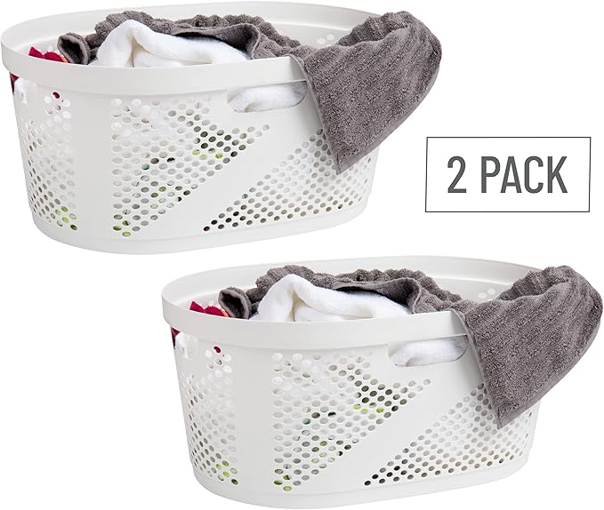 Mind Reader 40L Ventilated Laundry Baskets, Lightweight Clothes Hamper with Cutout Handles for Bathrooms and Closets, Plastic, Set of 2, White