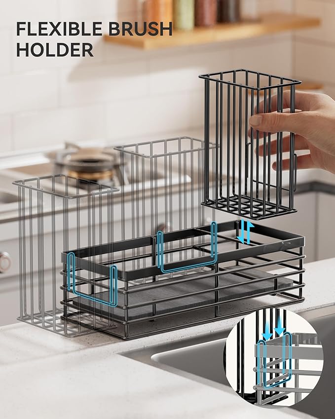 Yofidra Sponge Holder for Kitchen Organizer: Sink Caddy with Instant Drying Stone, Metal Stainless Steel, 9.3" X 4" Home Decor Storage and Organization Accessories, Black