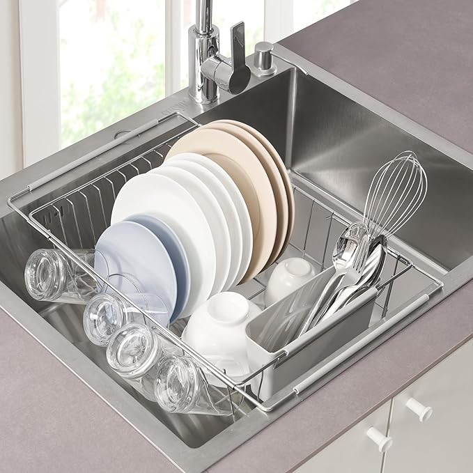 Dish Drying Rack Over The Sink Expandable to 24.5" Dish Drainer — Space-Saving Rectangular Kitchen Extending Drying Station with Utensil Holder, Fits Most Sinks for Easy Dish Organization, Silver