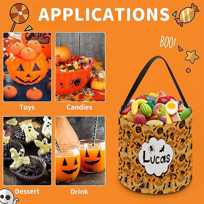 Personalized Halloween Trick or Treat Candy Bag with Name Custom Text Party Tote Bucket Halloween Candy Basket Gift (Bag-1)