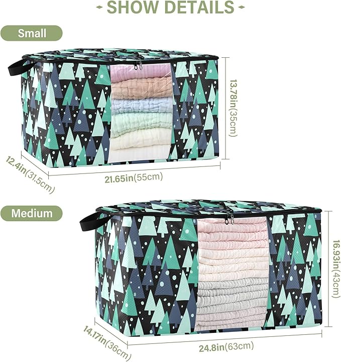 Burbuja Christmas Tree Clothes Storage Bag with Lids and Handle, 2 Pack Foldable Blanket Storage Container with Sturdy Zipper & Clear Window for Bedroom Closet, 60L