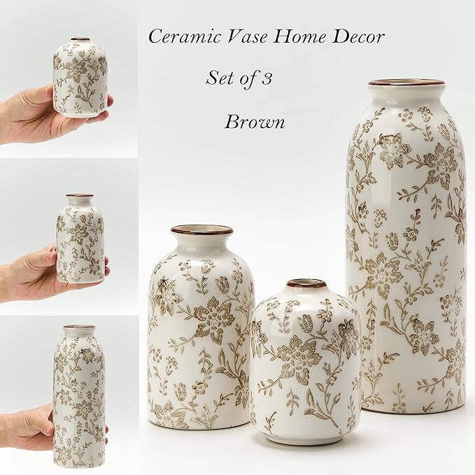Ceramic Flower Decorative Antique Vase Set of 3, Vintage Rustic Chinoiserie Floral Vase for Home Decor, Living Room, Bookshelf, Office, Entryway, Garden, Chinoiserie Decor, Tuscan Decor
