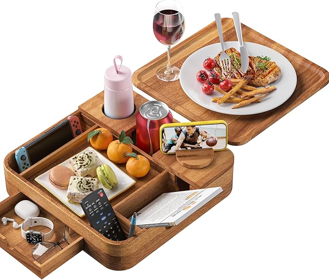 Couch Cup Holder, Couch Tray Cup Holder Sofa Tray, Acacia Wood Large Capacity 2-Tier Wooden Trays with Drawer for Sofa, Bed, Picnic, Drinks, Snacks, Remote, Cell Phone 12.5 * 12.5 in