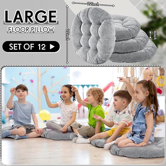 Jerify Floor Pillow Cushions Large Round Square Large Meditation Floor Pillow for Classroom Adult Meditation Picnic Party Seating Learning Daycare School(Round,Light Gray,12 Pcs)