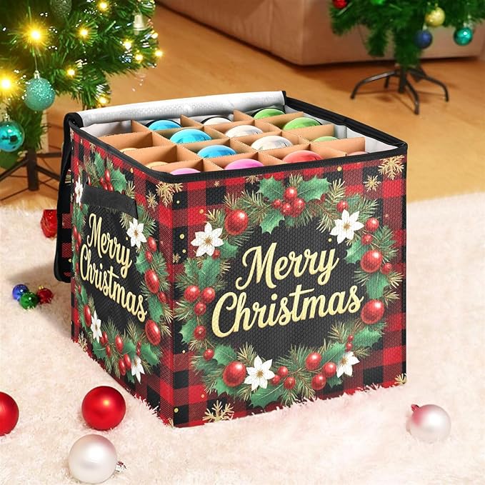 Christmas Tree Jingle Bells Ornament Storage Basket Box Xmas Wreath Winter Holiday Storage Container Cube with Adjustable Dividers for 64 Holiday Ornaments or Decorations Keeps Clean and Dry