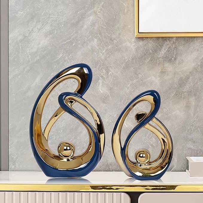 2 PCS Navy Blue Decor Accent Ceramic Statue Blue Gold Mid Century Modern Home Decor Accents Sculpture Decorations Centerpieces for Living Room Bookshelf Shelf Coffee Table Kitchen Office Dining Table