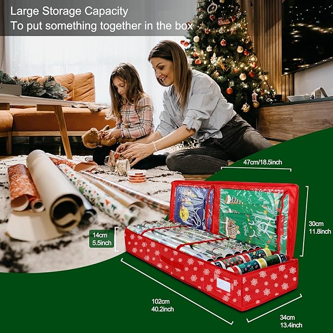 Christmas Wrapping Paper Storage Organizer, Gift Wrap Storage Bag with Pockets,600D Heavy Duty Underbed Gift Wrap Organizer Fits for Holiday Accessories Ornaments (Large)