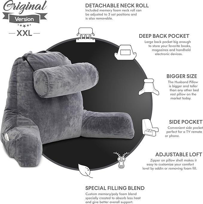 Husband Pillow XXL The Original for Adults - 30" Tall Backrest for Sitting Up in Bed - Firm Support Reading & Bed Rest Pillows for Adults, Neck Roll, Removable Cover - TV - Dark Grey