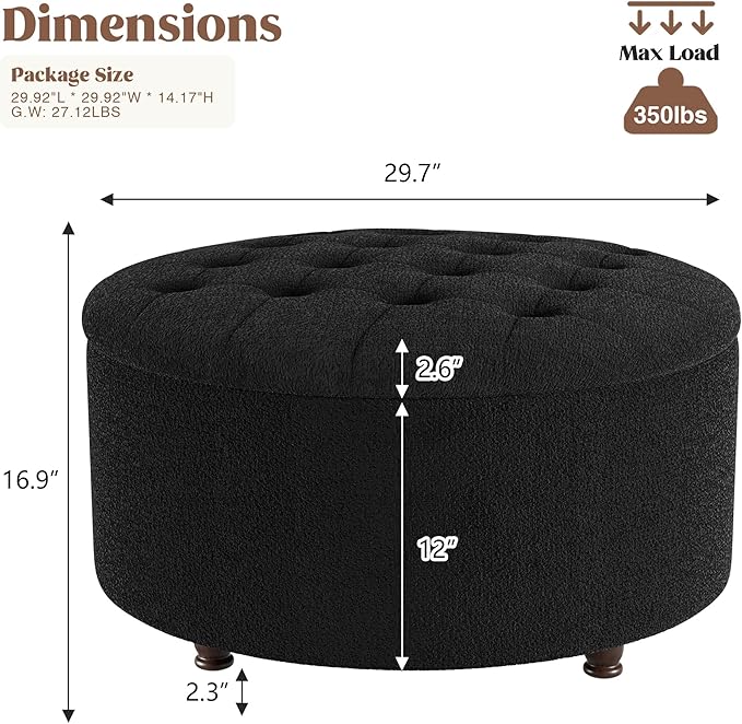 30 Inch Round Storage Ottoman,Modern Tufted Ottomans,Circular Coffee Table with Removable Top,Upholstered Large Ottoman with Storage Footrest Stool for Bedroom Living Room (Teddy Black)