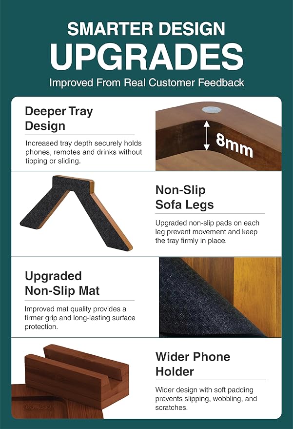 Acacia Couch Arm Tray Table – 2 in 1 Adjustable Couch Arm Table Fits Most Sofa Arms with 360° Rotating Phone Holder, Wire Holder & Non-Slip Mat – Elegant Sofa Tray for Snacks & Coffee