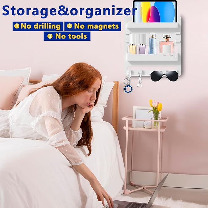 Bedside Wall Mount Organizer,Bedside Wall Shelf Accessories Floating Shelves Stick On for Bedroom Storage Organization,Aesthetic Room Dorm Decor for Girls,Cute Stuff for Teens,5 Hooks-White