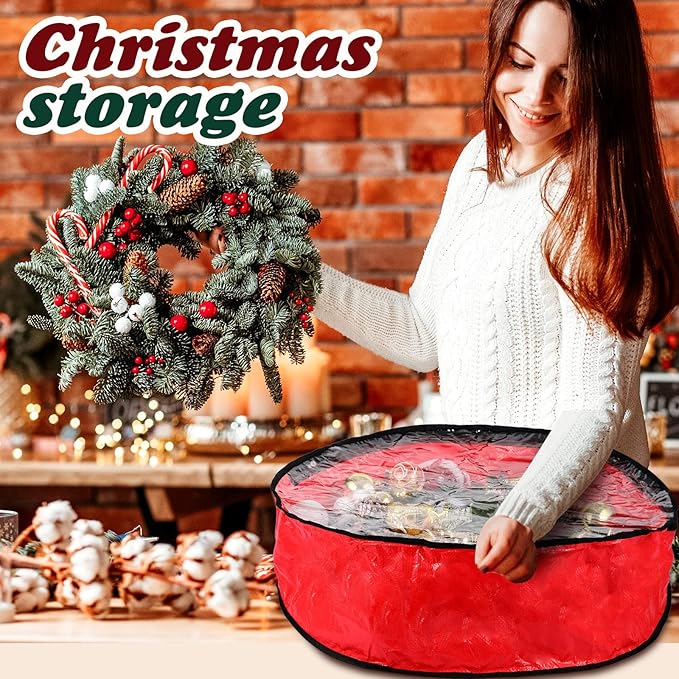 Dunzy 8 Pieces Wreath Container Christmas Wreath Storage Bag Garland Tear Resistant Fabric Round Boxes with Clear Window for Storage for Xmas Holiday Ornament(30×30×7.8 Inch,Red, Green)