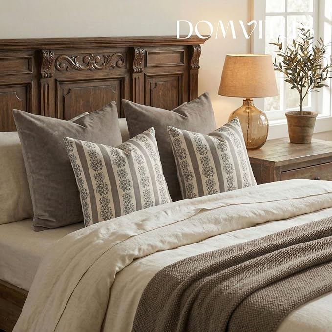 DOMVITUS Floral Throw Pillow Covers 20x20 Inch Set of 2, Block Print Decorative Pillow Covers Vintage Striped Neutral Farmhouse Boho Home Decor for Couch Sofa Bed Living Room, Grey