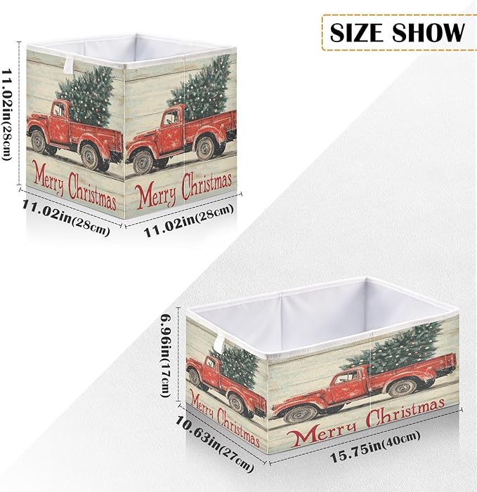 Red Truck Christmas Tree Fabric Storage Cubes Sturdy Shelf Closet Organizer Bin Decorative Storage Basket Box for Living Room Bathroom, 11x11 Inch