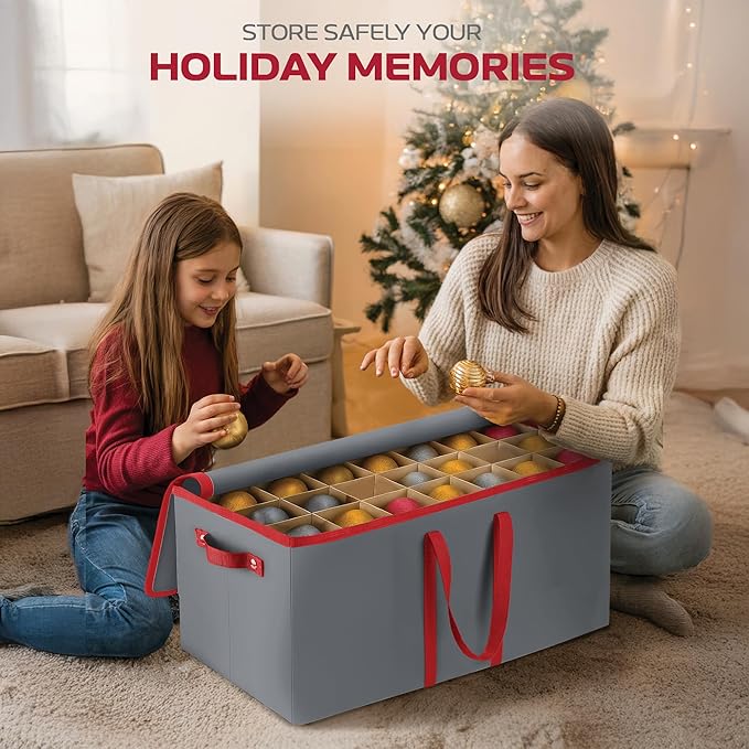 128 Ornament Storage Box – Adjustable Dividers, Stackable Holiday Ornament Organizer with Lid, Durable Fabric Bin for Christmas Decorations – Reinforced Handles, Dustproof & Space-Saving Design (Grey)