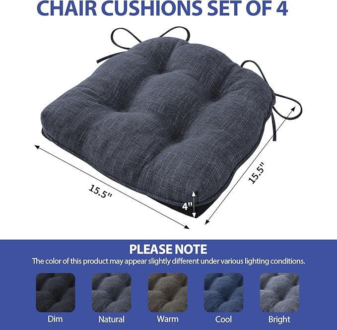 IPYNBAP Chair Cushions for Dining Chairs Set of 4, Kitchen Chair Cushions, Chair Pads with Ties and Non Slip Backing, Tufted Memory Foam Seat Cushion 4 Pack, 15.5" x 15.5" x 4", Navy Blue