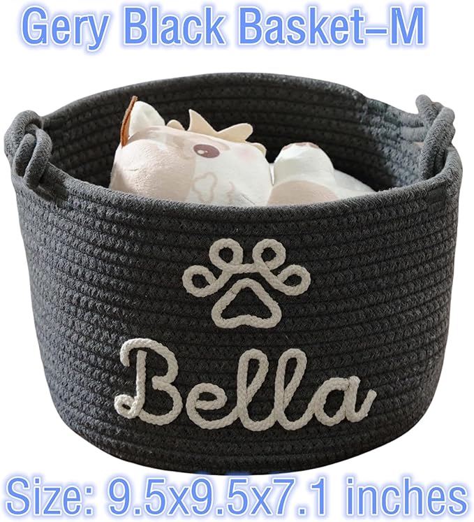 FKOG Hand Personalized Cotton Rope Storage Basket, Custom Pet Dog or Cat Name Basket Organizer, Pet Dog Gift Basket, Puppy Toy Bag (Black Pet Basket)