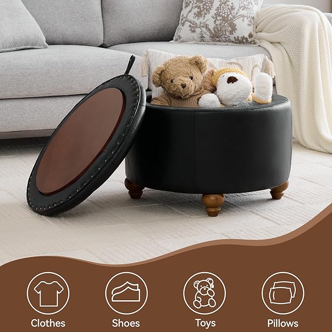 WUTUTUEE 24Inch Round Storage Ottoman with Tray, Modern Tufted Leather Circle Coffee Table with Storage, Upholstered Ottoman with Removable Top for Living Room, Bedroom, Leather Black