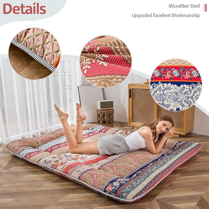 MAXYOYO Bohemian Retro Floor Mattress Vintage Floral Japanese Futon Mattress Roll Up Thicken Sleeping Mat Portable Camping Mattress Floor Lounger Couch Mattress Pad, Full Size