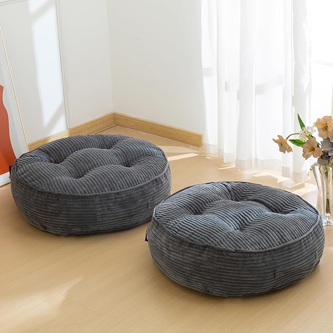 HIGOGOGO 6" Extra Thick Floor Pillow Cushion for Adults, Meditation Cushion Pillow, Large Round Floor Sitting, Tufted Corduroy Cover, for Tatami Living Room or Yoga, 22x22 Inch, 2Pack, Dark Grey